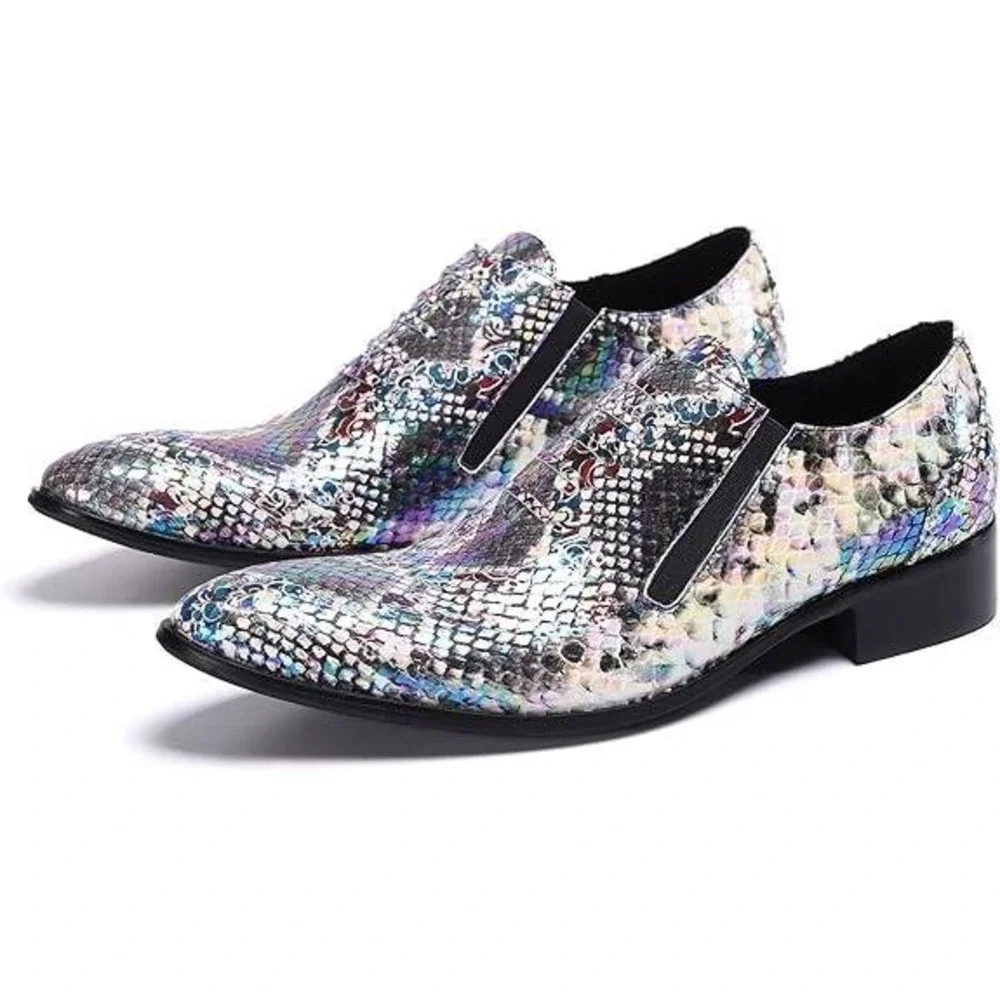 Santimon Men's US 6 Multi Purple Snake Print Leather Slip On Loafers Dress Shoes
